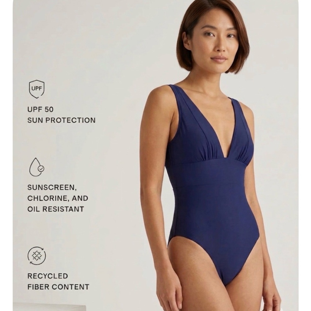 Quince - new women’s navy Blue Italian Plunge one piece swimsuit deep V- neck XL